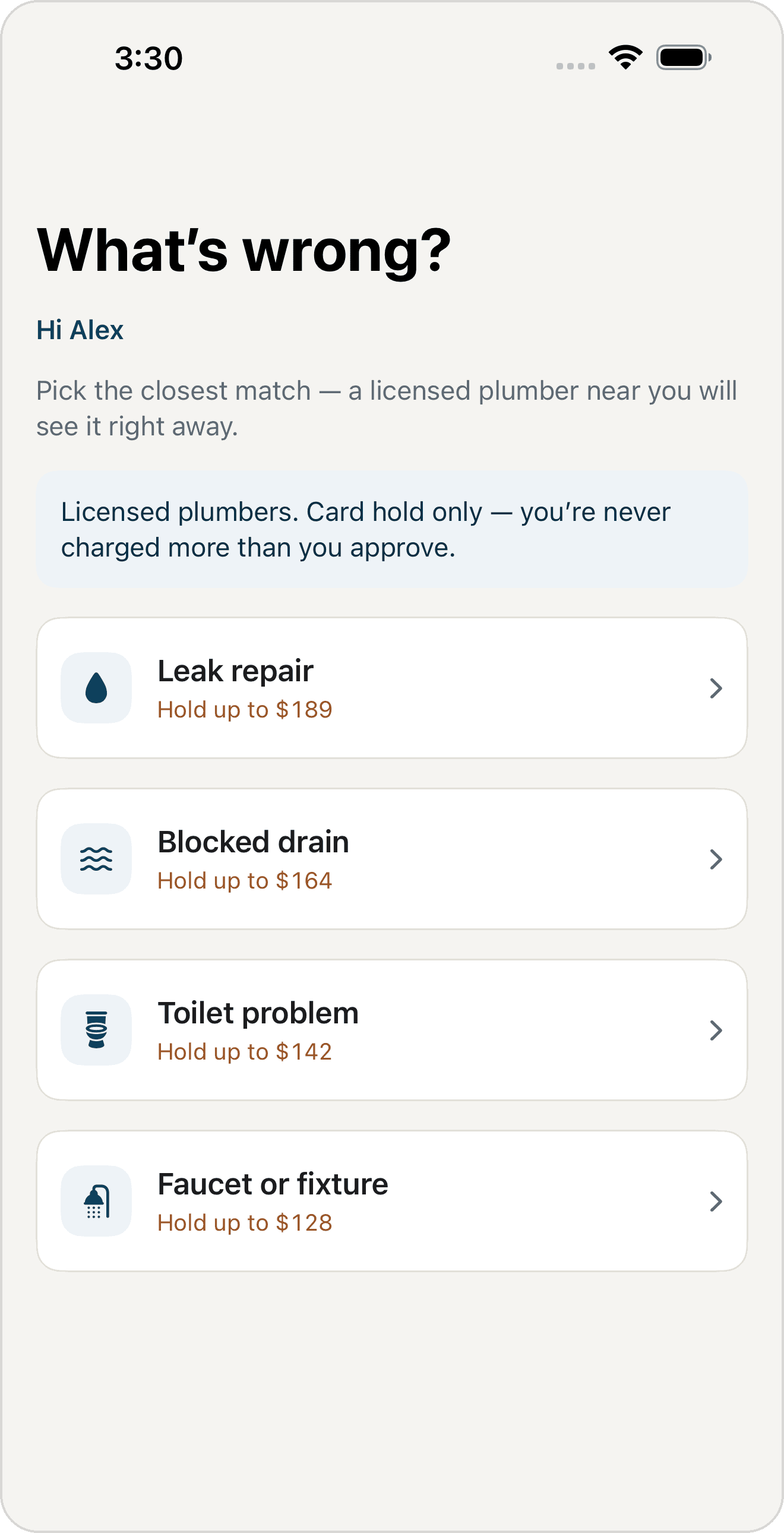 FindPlumbers — choosing a job type, each showing the hold the card will be authorised for